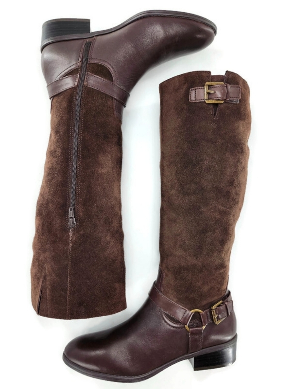 Lauren Ralph Lauren McLeod Brown Leather & Suede Harness Knee-High Riding Boots - Picture 10 of 15